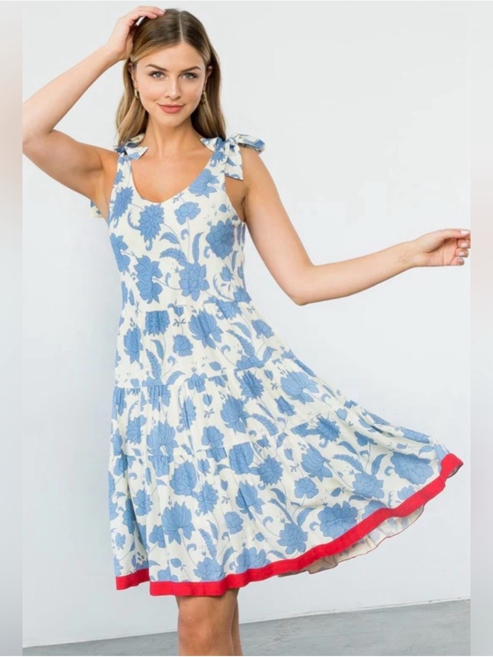THML Blue Floral Tie Strap Mini Dress with Red Stripe Hem Large Viscose Cotton